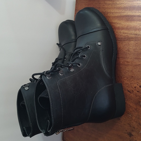 G by Guess Lace Up Boots Sparkle Tongue Motoboho Combat Heel Zip Black - Picture 3 of 11